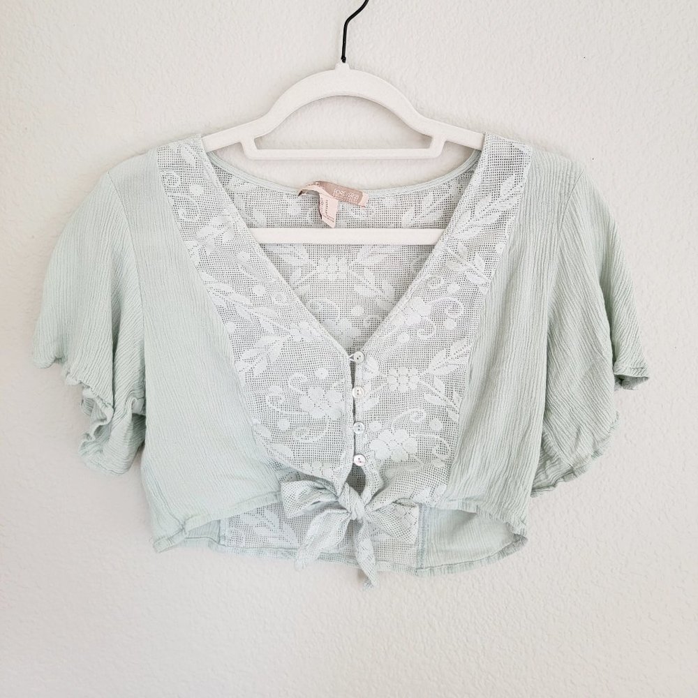 Mint Lace Button-up Crop Top